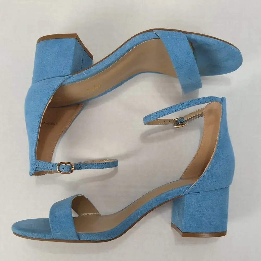 Dream Pairs Blue Strappy Block Heel Sandals Ankle Strap Buckle Open Toe Womens 7